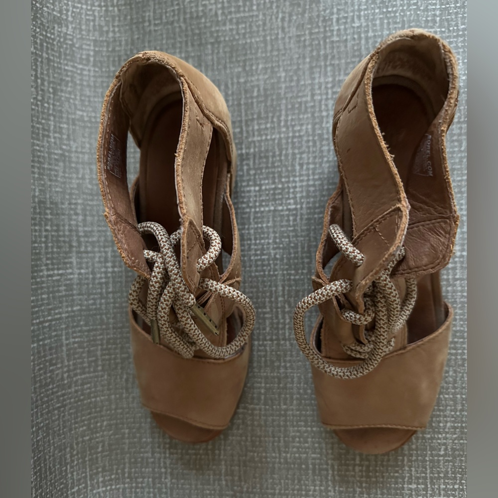 Sorel Joanie II Lace Wedge Sandal Size 7.5 Camel Taupe Leather Open Toe Lace-Up - Picture 12 of 14